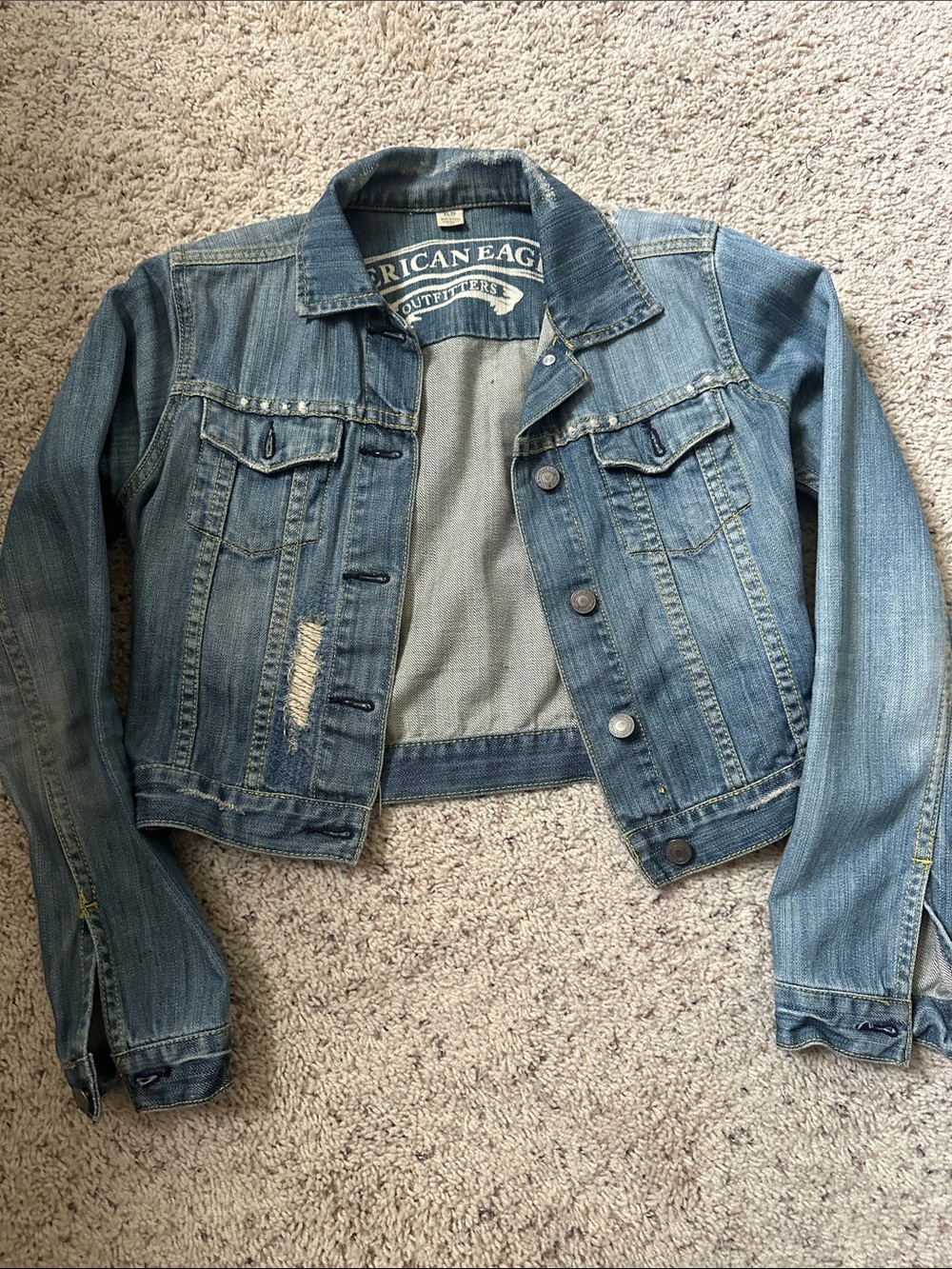 American Eagle Outfitters Distressed Light Blue Denim Jacket